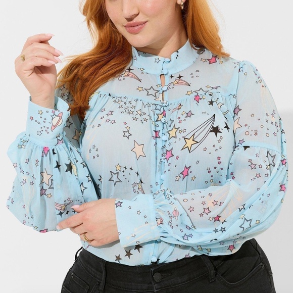 Torrid - Chiffon Button Up Bishop Long Sleeve Sheer Cosmic Star Blue Blouse - 2X - Picture 1 of 10